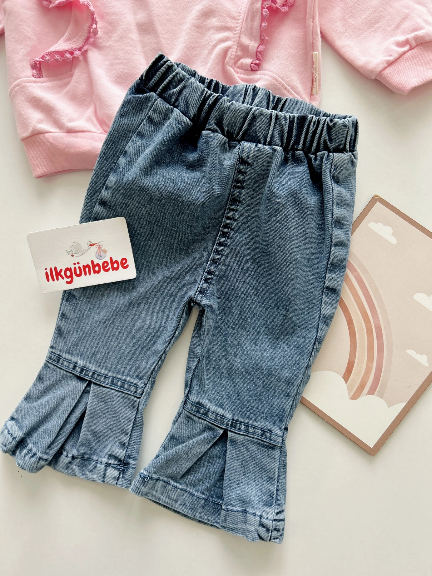 Zeyna Omuzdan Fırfırlı İspanyol Kot Pantalonlu 2’li %100 Pamuk Premium Takım