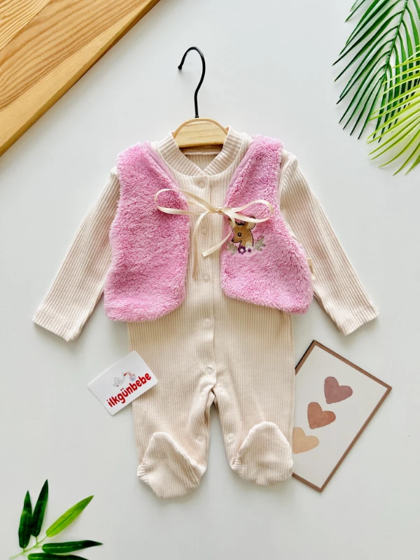 Geyik Nakışlı Peluş Çıkarılabilir Yelekli Fitilli Kumaş %100 Pamuk Tulum 
