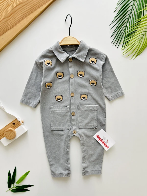 Teddy Bear Nakışlı Ahşap Düğmeli Bebe Yakalı Likralı Esnek Yumuşacık Kot Kumaş  Tulum