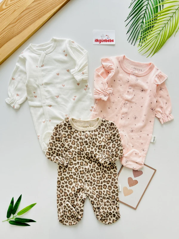 Leopar Kalp Desenli %100 Pamuk Omuzdan Fırfır Detaylı 3’lü Premium Kalite Tulum Set