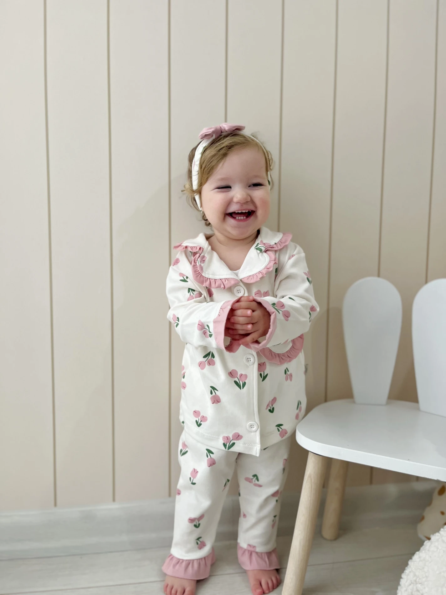 Lale Temalı Bebe Yakalı %100 Pamuk Fırfır Detaylı Bandanalı 3’lü Pijama Takımı