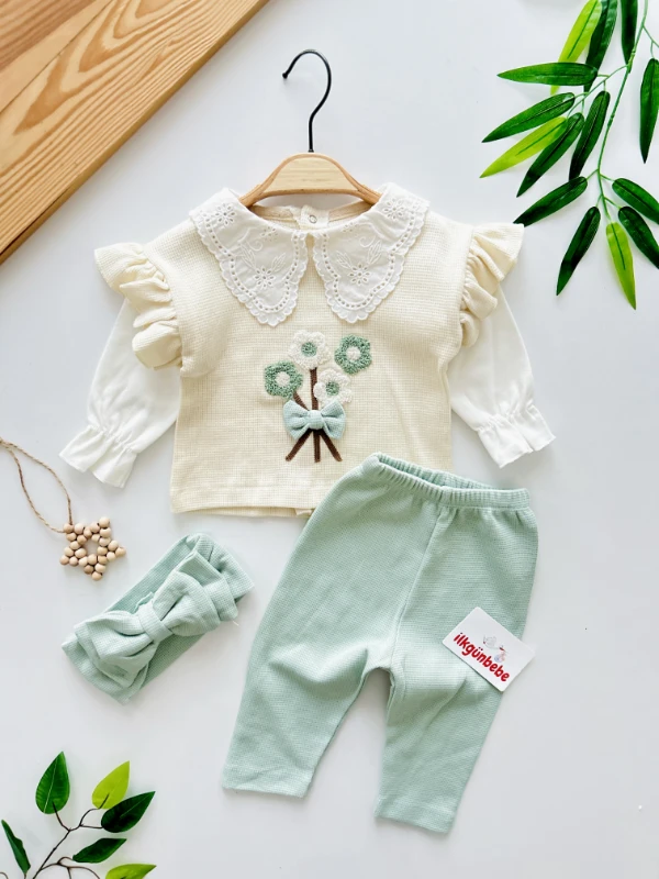 Maria Fisto Dantel Yakalı Waffle Nefes Alan Kumaş Fiyonk Bandanalı 3’lü Takım