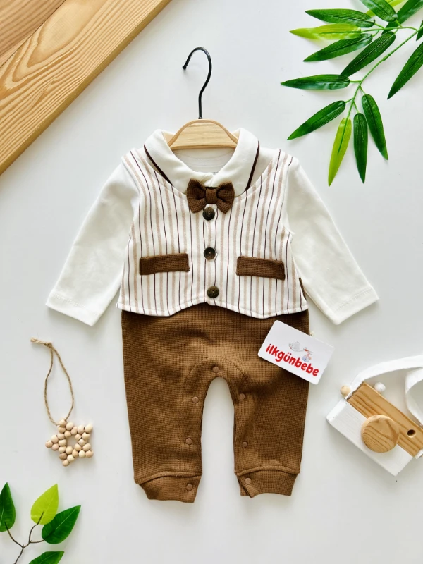 Papyon Detaylı Kendinden Birleşik Çizgili Yelekli %100 Pamuk Tulum