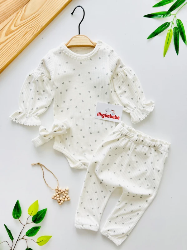 Minik Gümüş Kalp Desenli %100 Pamuk Bandanalı 3 Parça Takım