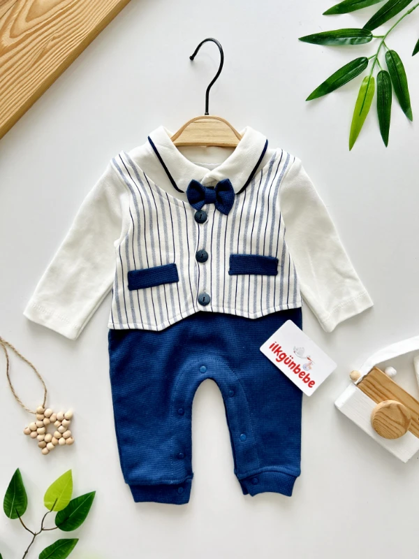 Papyon Detaylı Kendinden Birleşik Çizgili Yelekli %100 Pamuk Tulum