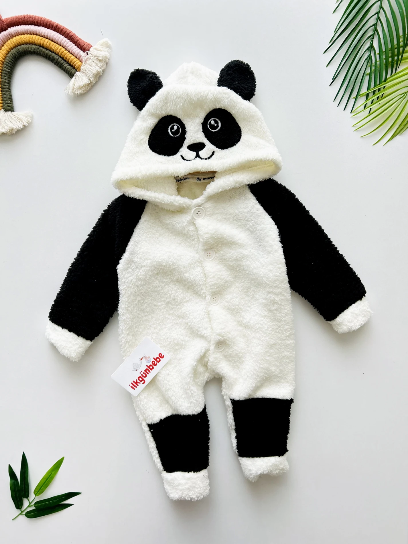 Panda Önden Düğmeli Kapüşonlu Welsoft Peluş Tulum