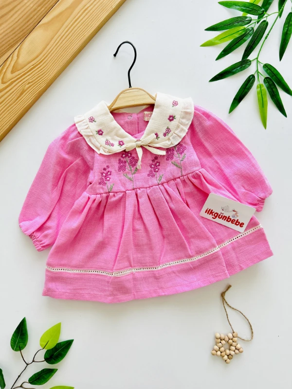 Elisa Çiçek Nakışlı Bebe Yakalı %100 Müslin Kumaş Premium Kalite Elbise