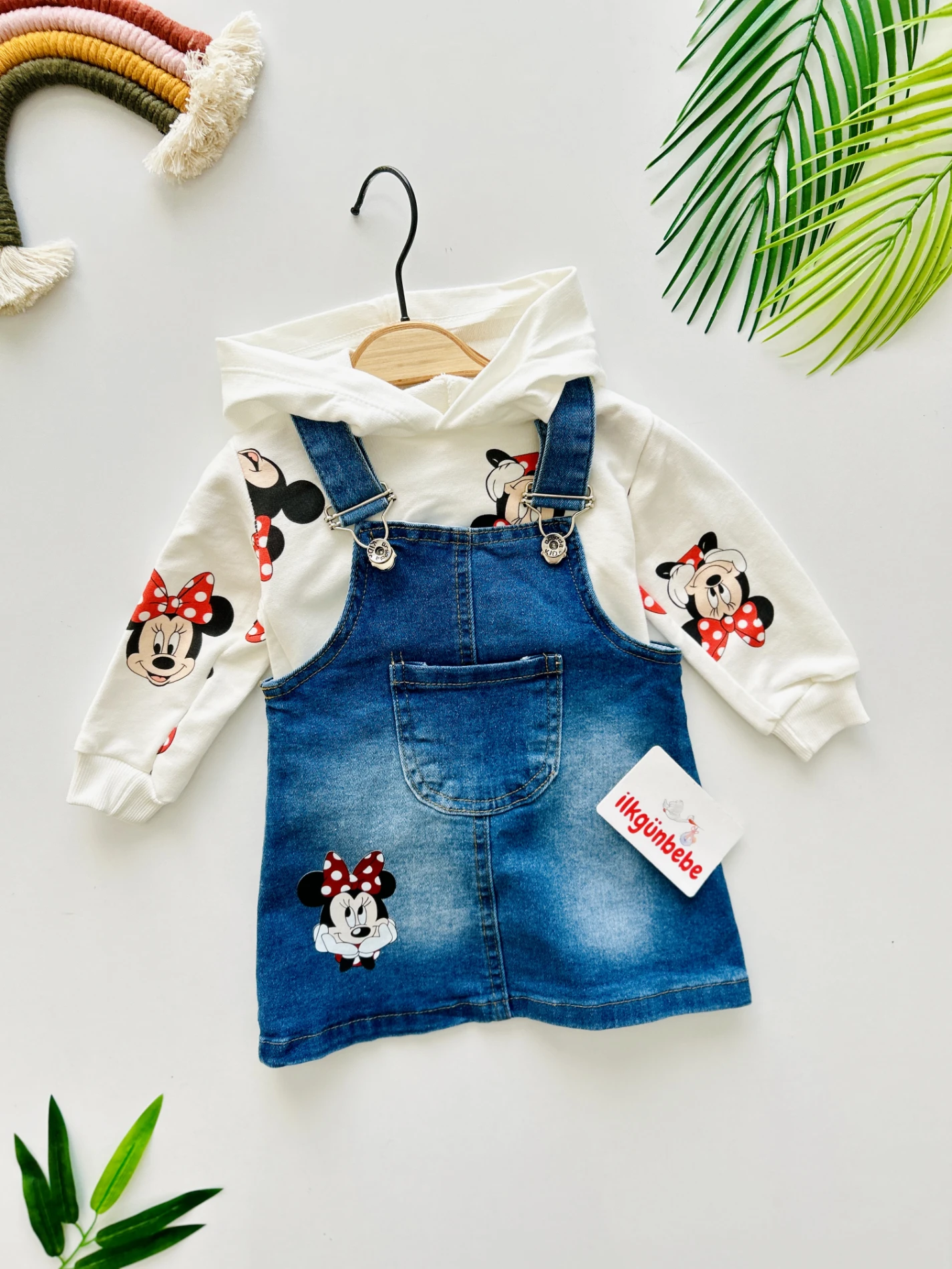 Minnie Mouse Kapüşonlu Sweatli Kot Jileli 2’li Set