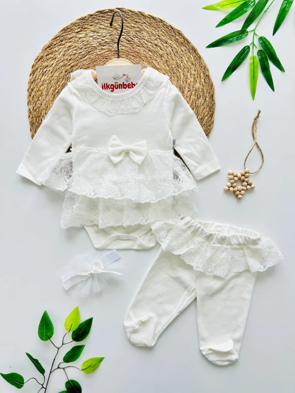 Jasmine Dantel Detaylı Fiyonklu Dantelli Kendinden Patikli Altlı Bandanalı 3’lü Takım 