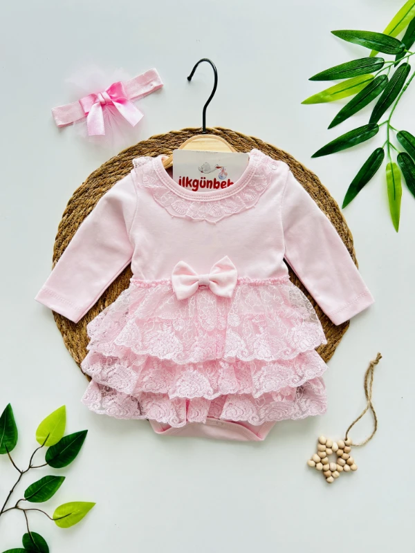 Sıra Dantelli Badili Zıbınlı %100 Pamuk Premium Kalite Romper Bandanalı Set