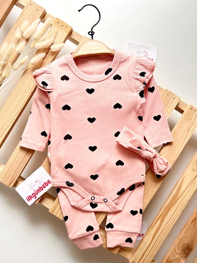 Kalp Desenli Esnek Kumaş Bandanalı 3’lü Takım