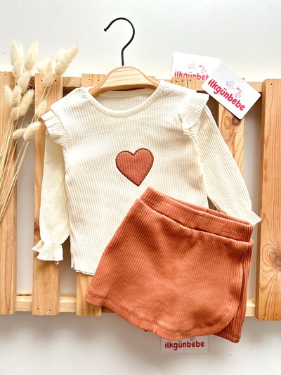 Kalp Desenli Şort Etekli Esnek Kaşkorse Kumaş 2’li Takım