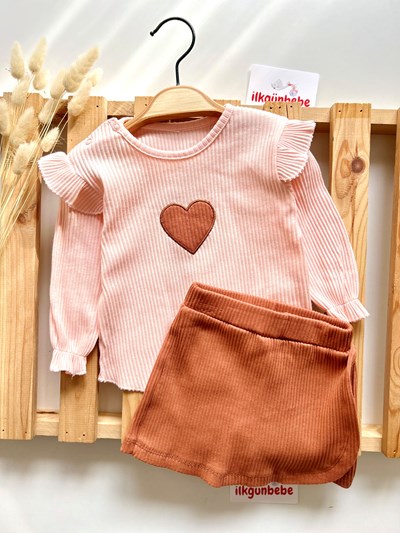 Kalp Desenli Şort Etekli Esnek Kaşkorse Kumaş 2’li Takım