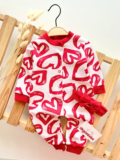 Kalp Desenli %100 Pamuk Ribanalı Kumaş Bandanalı Tulum