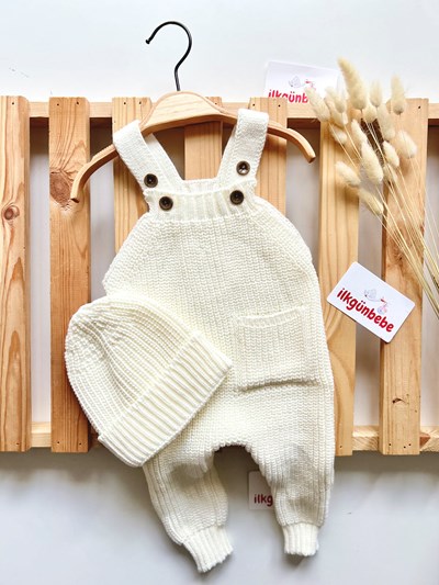 Triko Selanik Örgüsü Cepli Şapkalı 2’li Salopet