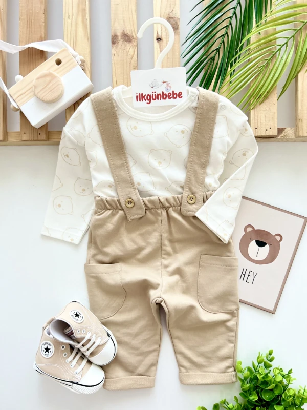 Ayıcık Desenli Badili Cep Detaylı Salopetli 2’li Mevsimlik Takım