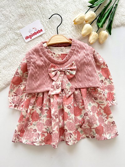 Bahar Çiçek Temalı Fiyonklu Çıkarılabilir Üstlü 2 Parça Elbise