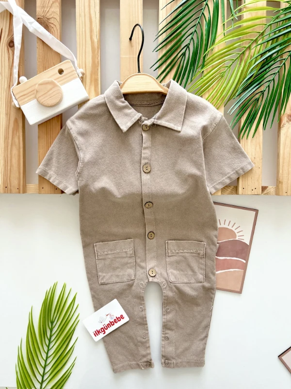 Ahşap Düğmeli Cep Detaylı  Örme Likralı Kot Yazlık Tulum