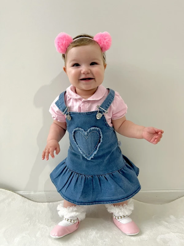 Kalp Nakışlı Premium Kaliteli Kot Jileli Kısa Kollu Keten Kumaş Gömlekli 2’li Set