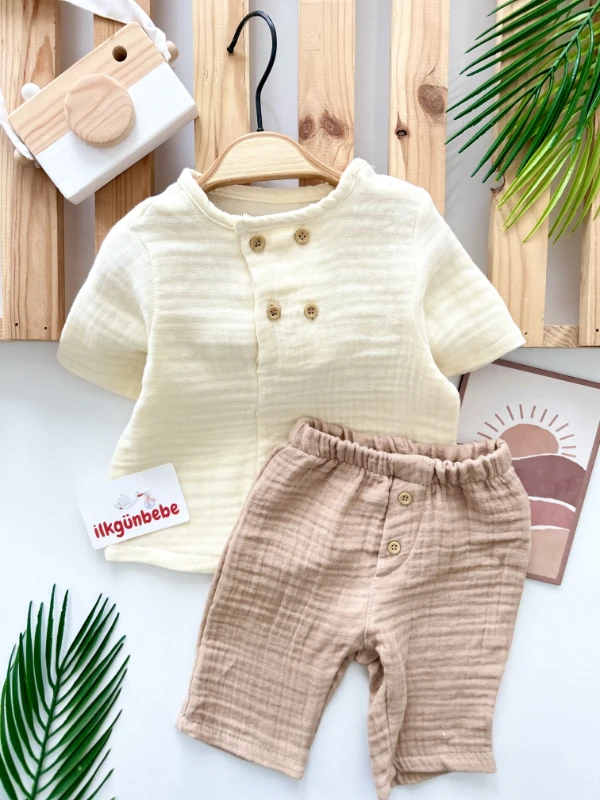 Müslin Kumaş Düğme Detaylı Kaprili %100 Organik 2’li Yazlık Takım