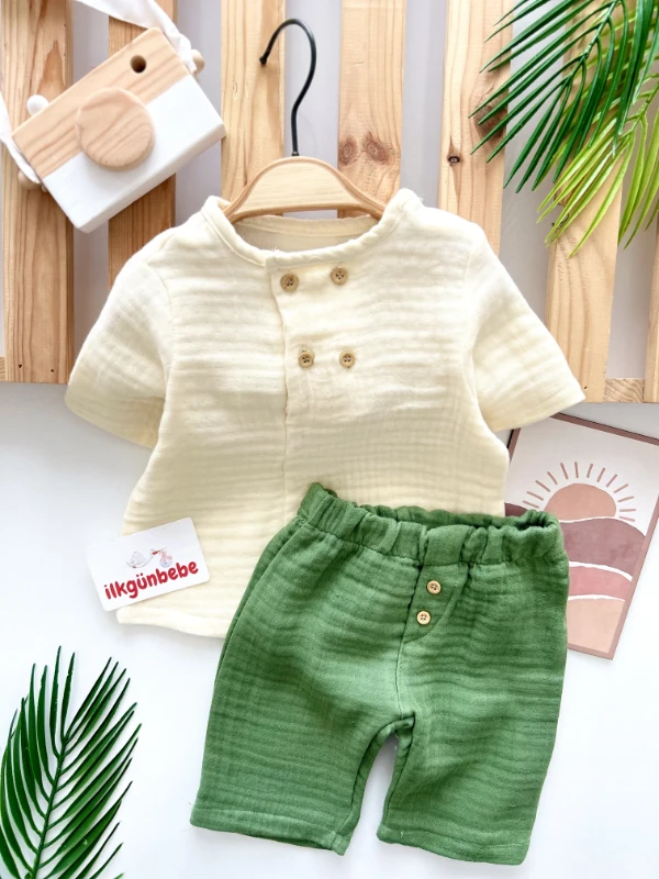 Müslin Kumaş Düğme Detaylı Kaprili %100 Organik 2’li Yazlık Takım