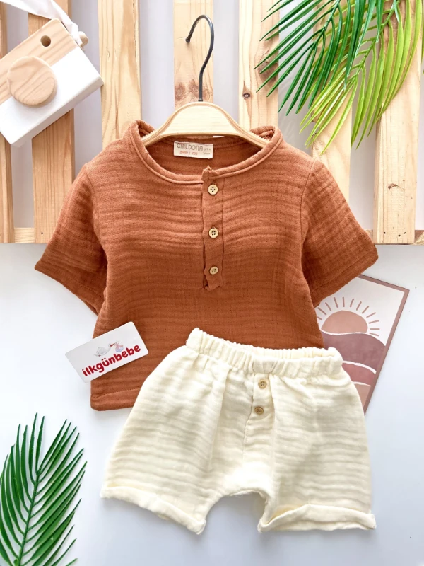 Müslin Kumaş Düğme Detaylı Şortlu %100 Organik 2’li Yazlık Takım