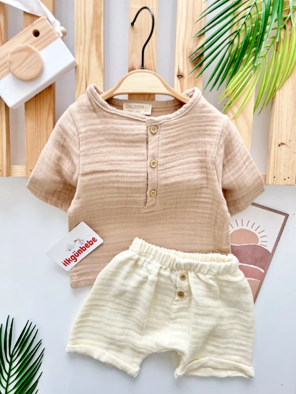 Müslin Kumaş Düğme Detaylı Şortlu %100 Organik 2’li Yazlık Takım
