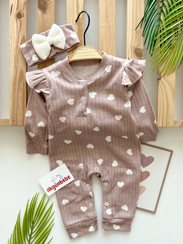 Kalp Desenli Omuz Fırfırlı Fiyonklu Bandanalı Tulum