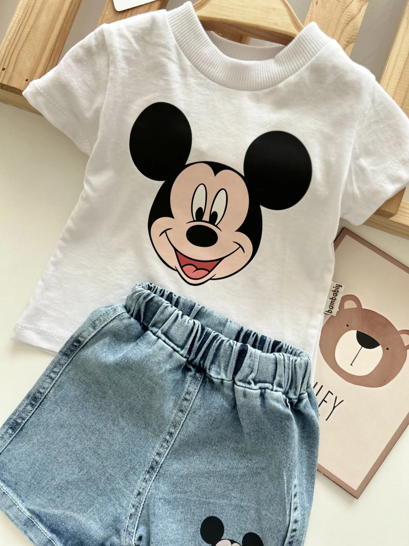 Mickey Mouse Baskılı Kot Şortlu  Unisex 2’li Premium Takım