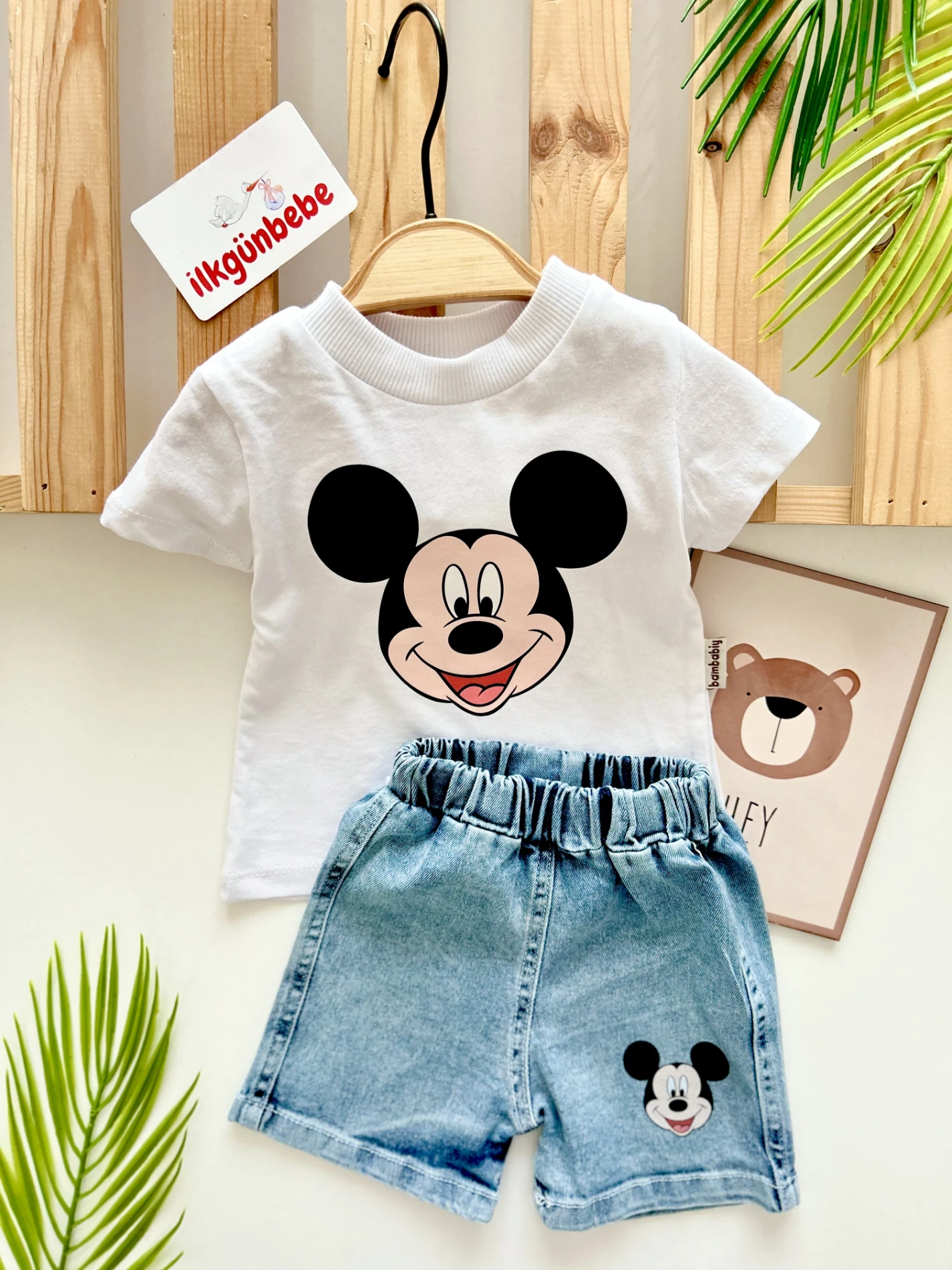 Mickey Mouse Baskılı Kot Şortlu  Unisex 2’li Premium Takım