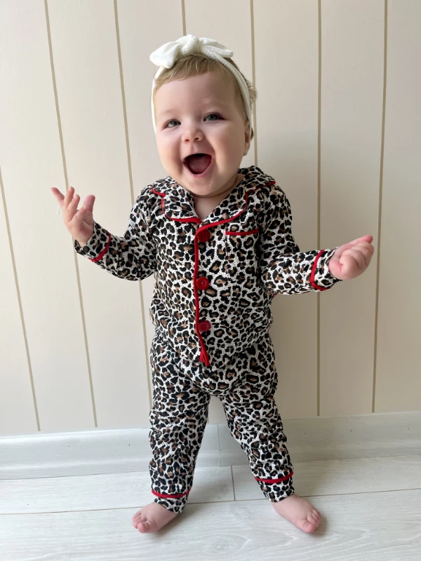 Leopar Desenli Bebe Yakalı %100 Pamuk 2’li Pijama Takımı
