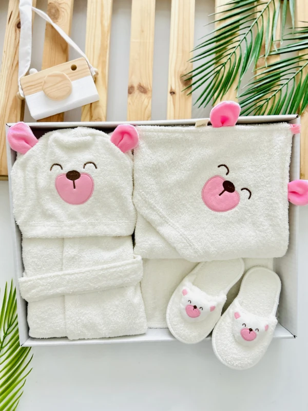 Bear  %100 Pamuk Organik Terlikli 3 Parça Bornoz Seti