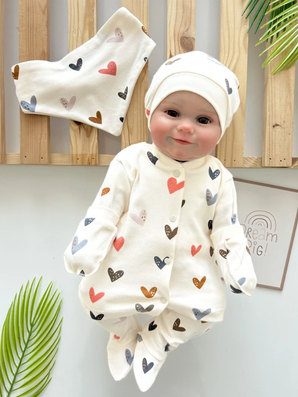 Organik Baskılı Minik Kalp Baskılı %100 Pamuk 5 Parça Hastane Çıkışı Seti