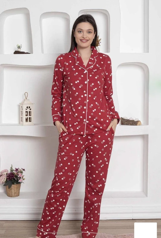 Kalp Desenli Bebe Yakalı  %100 Pamuk Esnek Premium Kaliteli Kumaşlı Uzun Kollu Pijama Seti