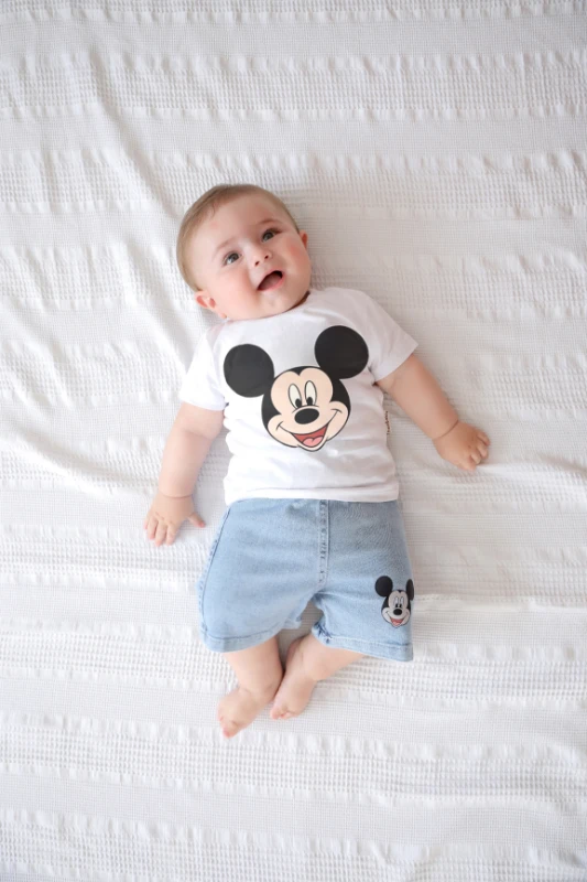 Mickey Mouse Baskılı Kot Şortlu  Unisex 2’li Premium Takım