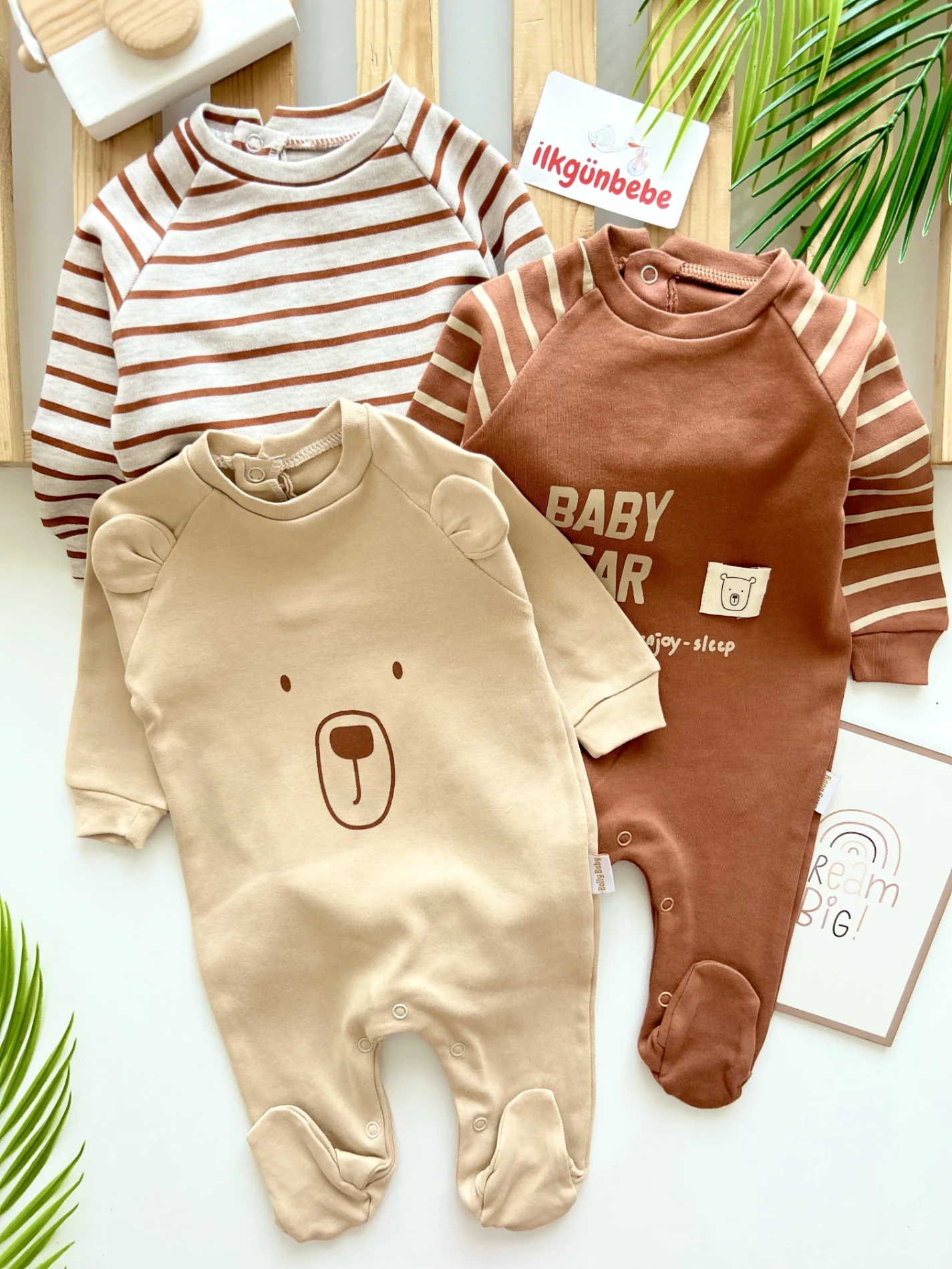 Baby Bear Baskılı %100 Pamuk Organik Kumaş 3’lü Unisex Tulum Set