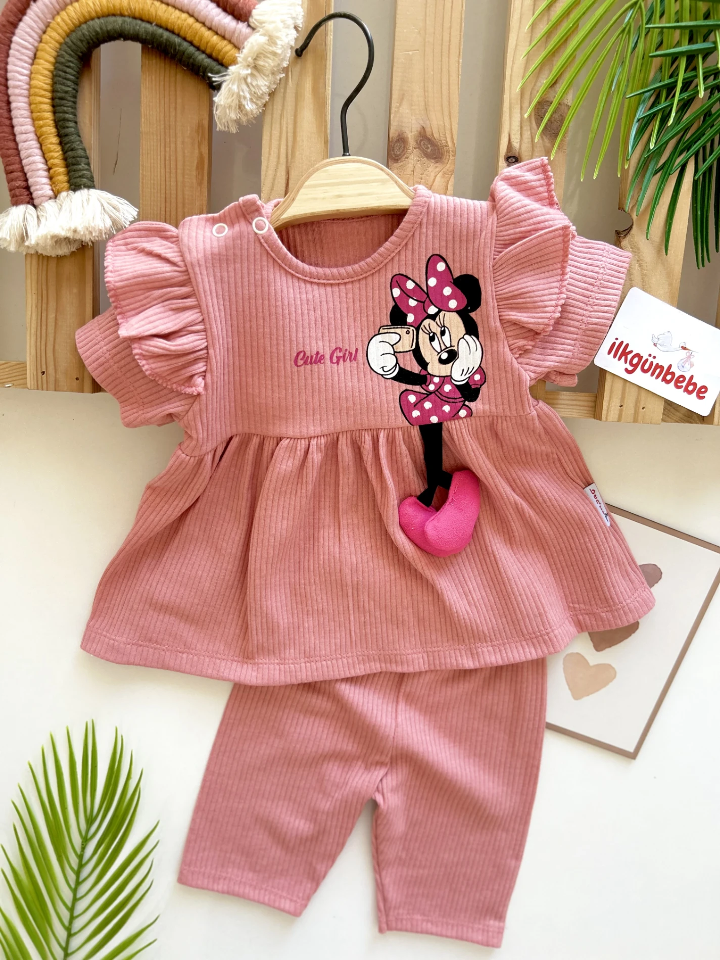 Cute Girl Minnie Mouse Oyuncaklı Ribanalı Kumaş 2’li Yazlık Takım