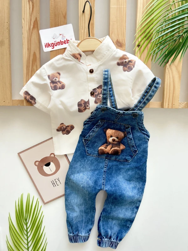 Ayıcık Desenli Gömlekli Kot Salopetli 2’li Yazlık Set