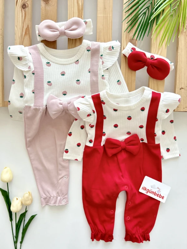 Çilek Desenli Fiyonklu Bandanalı Mevsimlik Sahte Badili Tulum