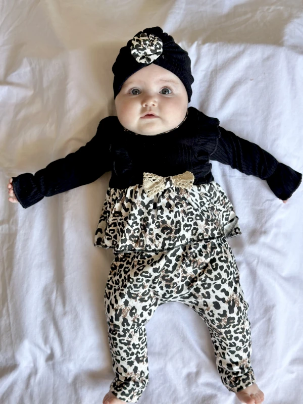 Fiyonk Detaylı Leopar Desenli Bandanalı %100 Pamuk 3’lü Takım