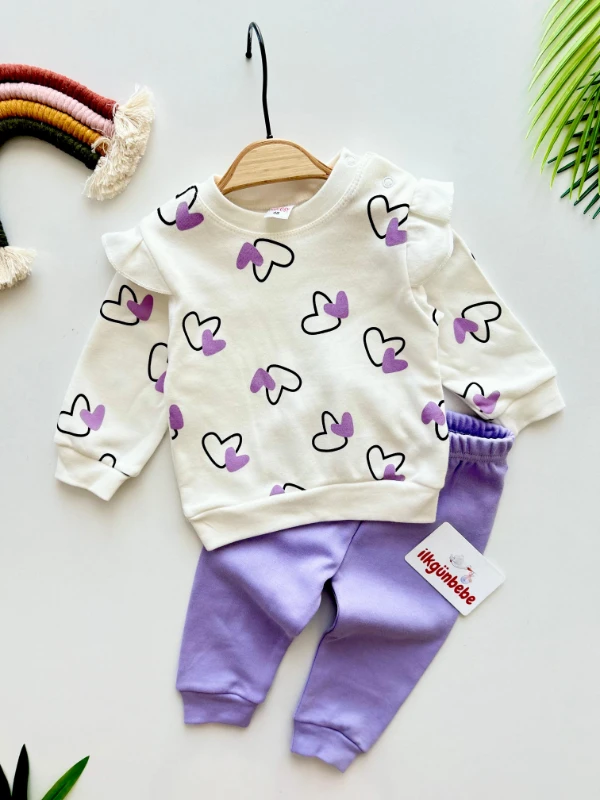 kalp desenli omuz detaylı %100 pamuk mevsimlik takım