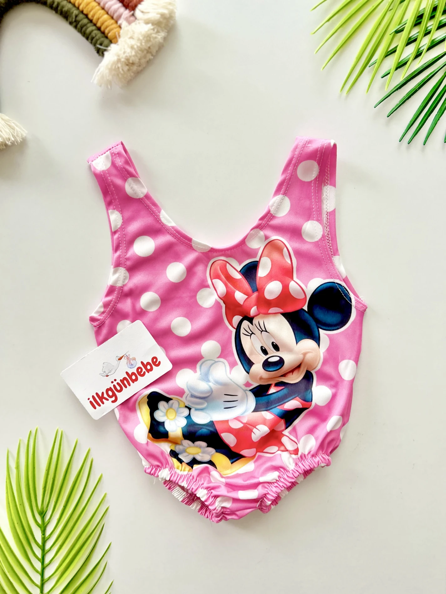 Minnie Mouse Desenli Arkası Puantiye Desenli Mayo