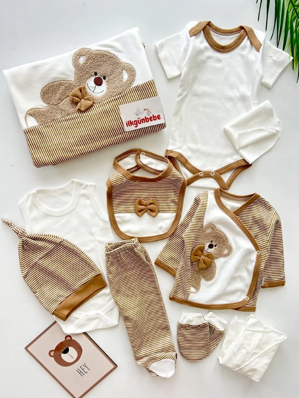 Bear Baskılı %100 Pamuk 10 Parça Yendioğan Premium Hastane Çıkışı Seti