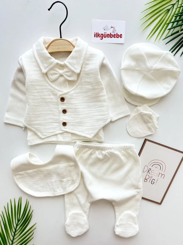 Müslin Kumaş Papyonlu Kasketli 5 Parça %100 Pamuk Premium Set