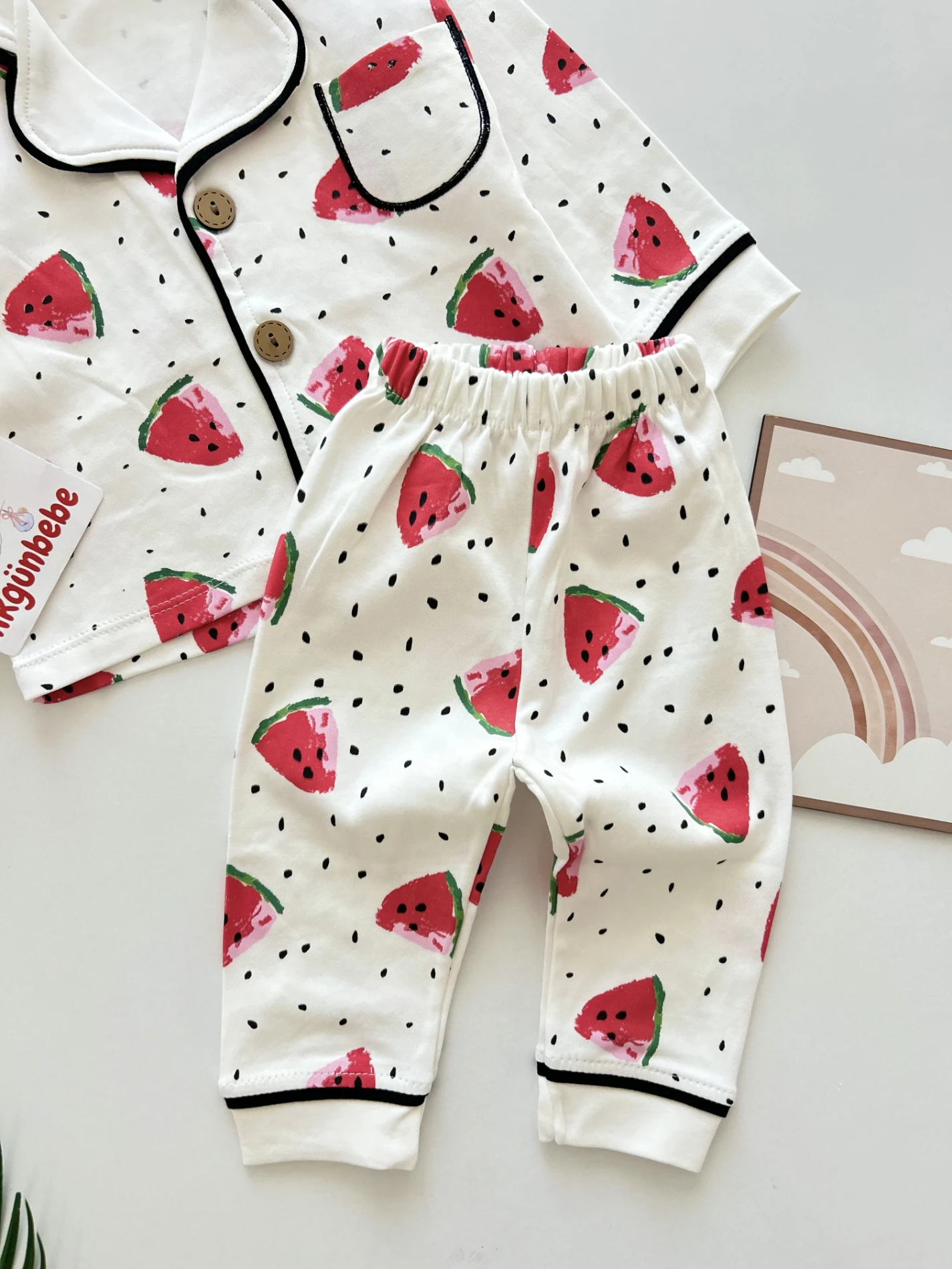 Karpuz Temalı %100 Pamuk Kumaş Mevsimlil Bebe Yakalı Pijama Takımı