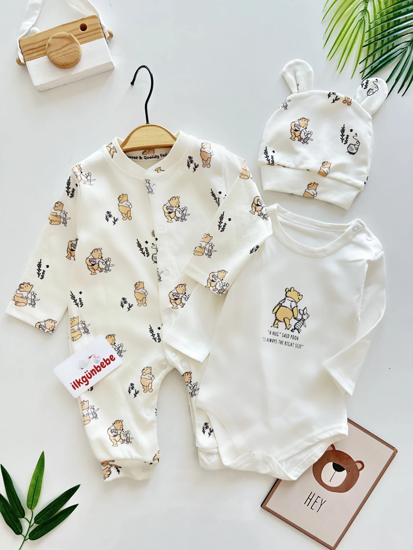 Winnie The Pooh Baskılı Zıbınlı Şapkalı %100 Pamuk Tulum Unisex  Set