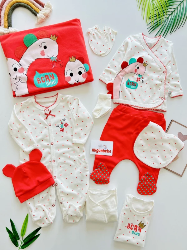 Dino Girl 10 Parça %100 Pamuk Kumaş Lux Yenidoğan Hastane Çıkışı Seti