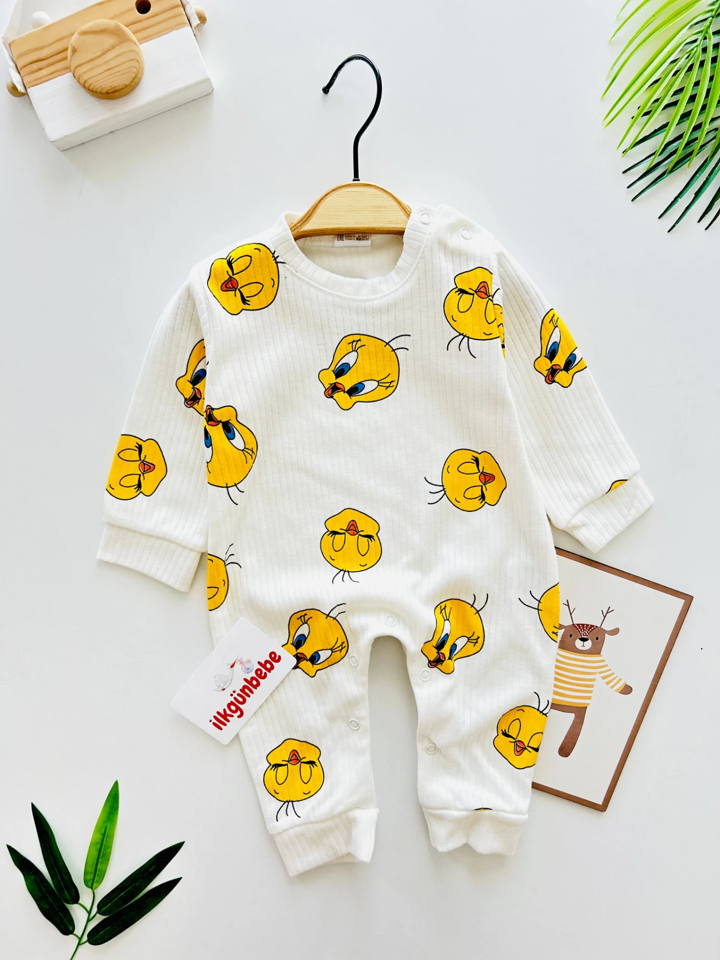 Tweety Desenli %100 Pamuk Ribanalı Kumaş Unisex Tulum