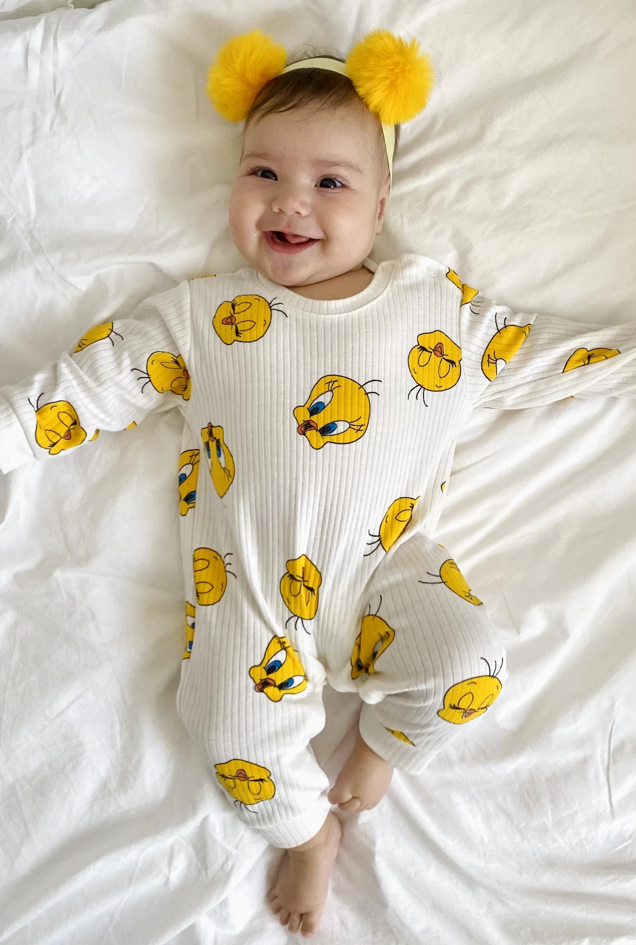 Tweety Desenli %100 Pamuk Ribanalı Kumaş Unisex Tulum