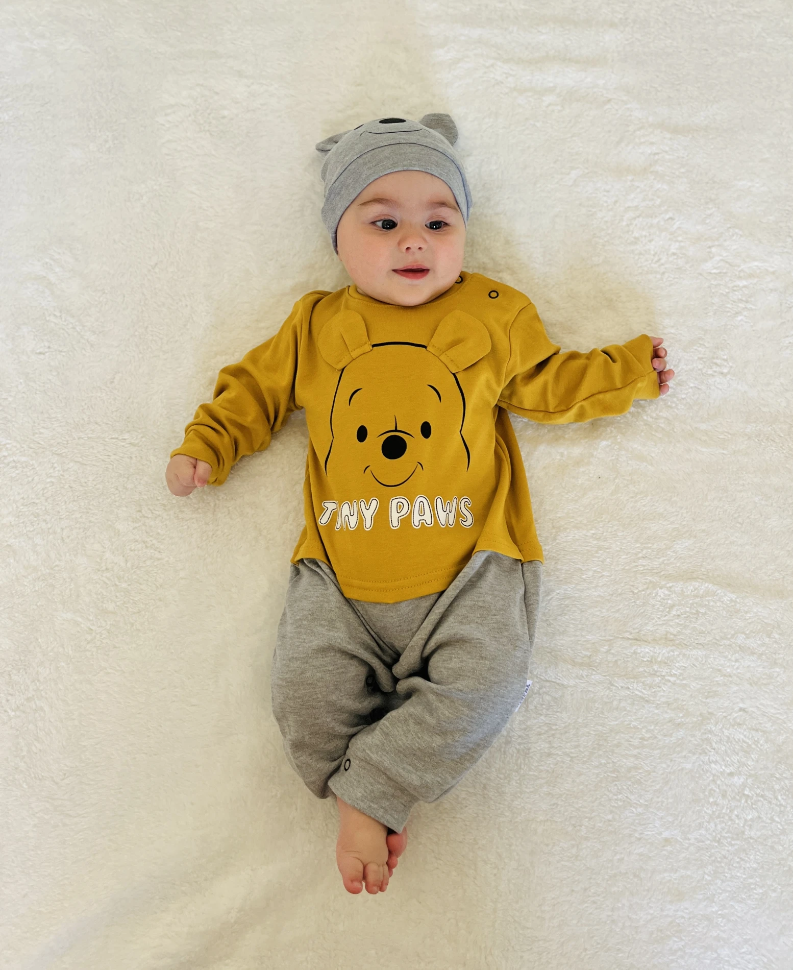 Tiny Pows Baskılı Pooh Şapkalı Unisex Tulum